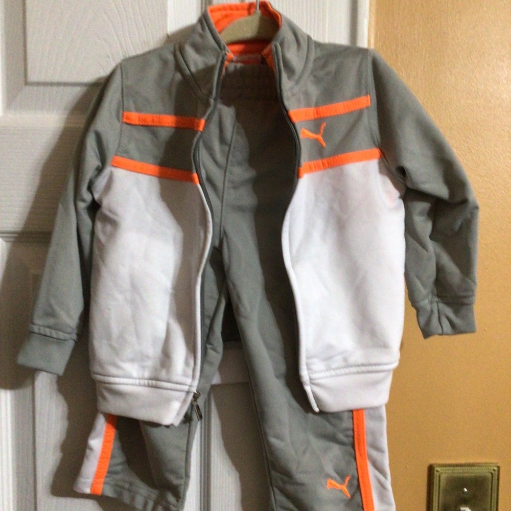 Puma, 18 months, white, grey,& orange sweatsuit